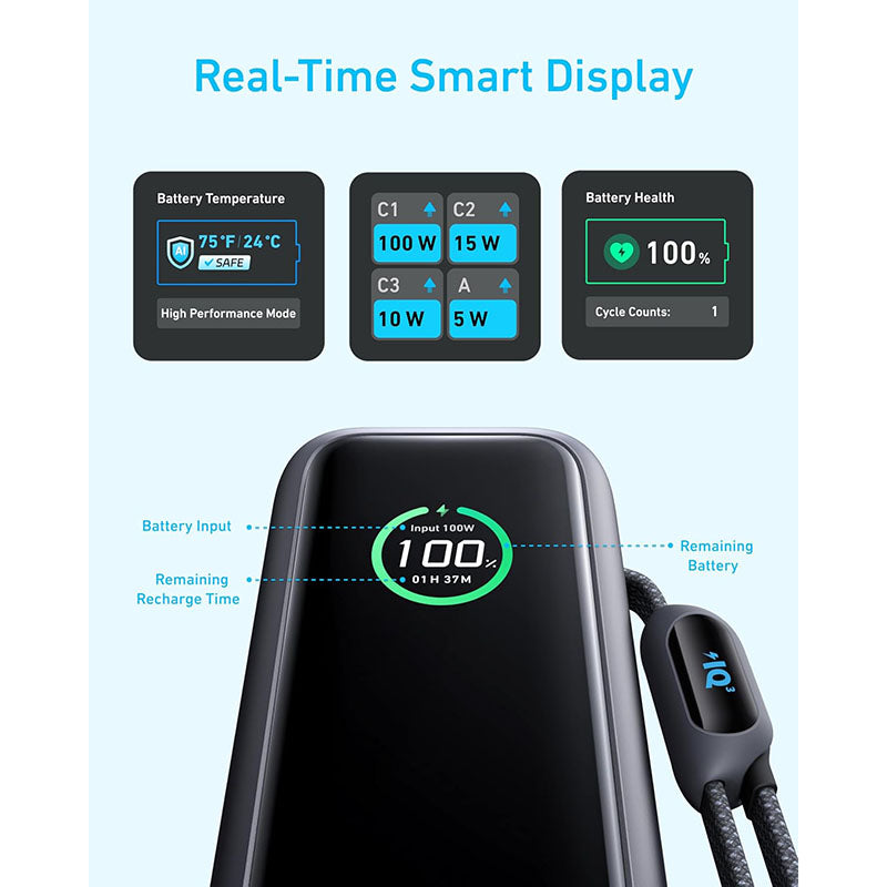 Anker A1695H11-BK 25000mAh PD165W with Built-in and Retractable USB-C Cables