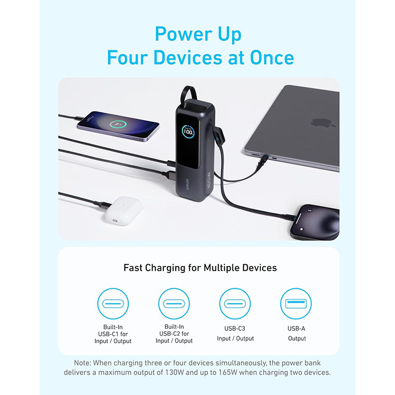 Anker A1695H11-BK 25000mAh PD165W with Built-in and Retractable USB-C Cables
