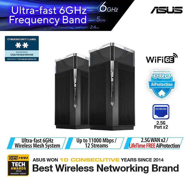 Asus ZenWiFi Pro ET12 WiFi 6E AX11000 Black Tri-band Mesh WiFi (2-Pack)