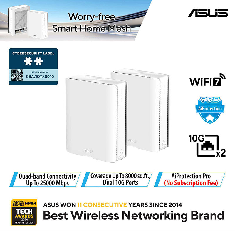 ASUS ZenWiFi BQ16 BE25000 Quad Band Wi-Fi 7 Mesh Router (2-Pack)