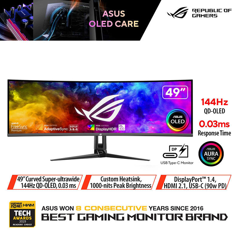 Asus ROG Swift PG49WCD Gaming Monitor - 49 DQHD QD-OLED 144Hz Curved