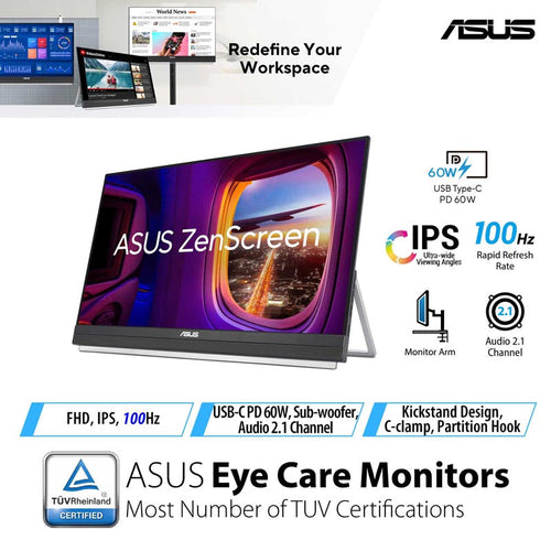 ASUS ZenScreen MB229CF Portable Monitor - 21.5 FHD IPS 100Hz PD60W USB-C