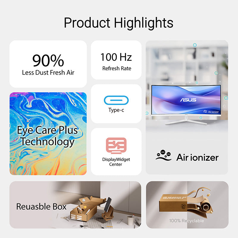 ASUS VU34WCIP-W Eye Care Monitor - 34 WQHD VA 100Hz PD65W Curved