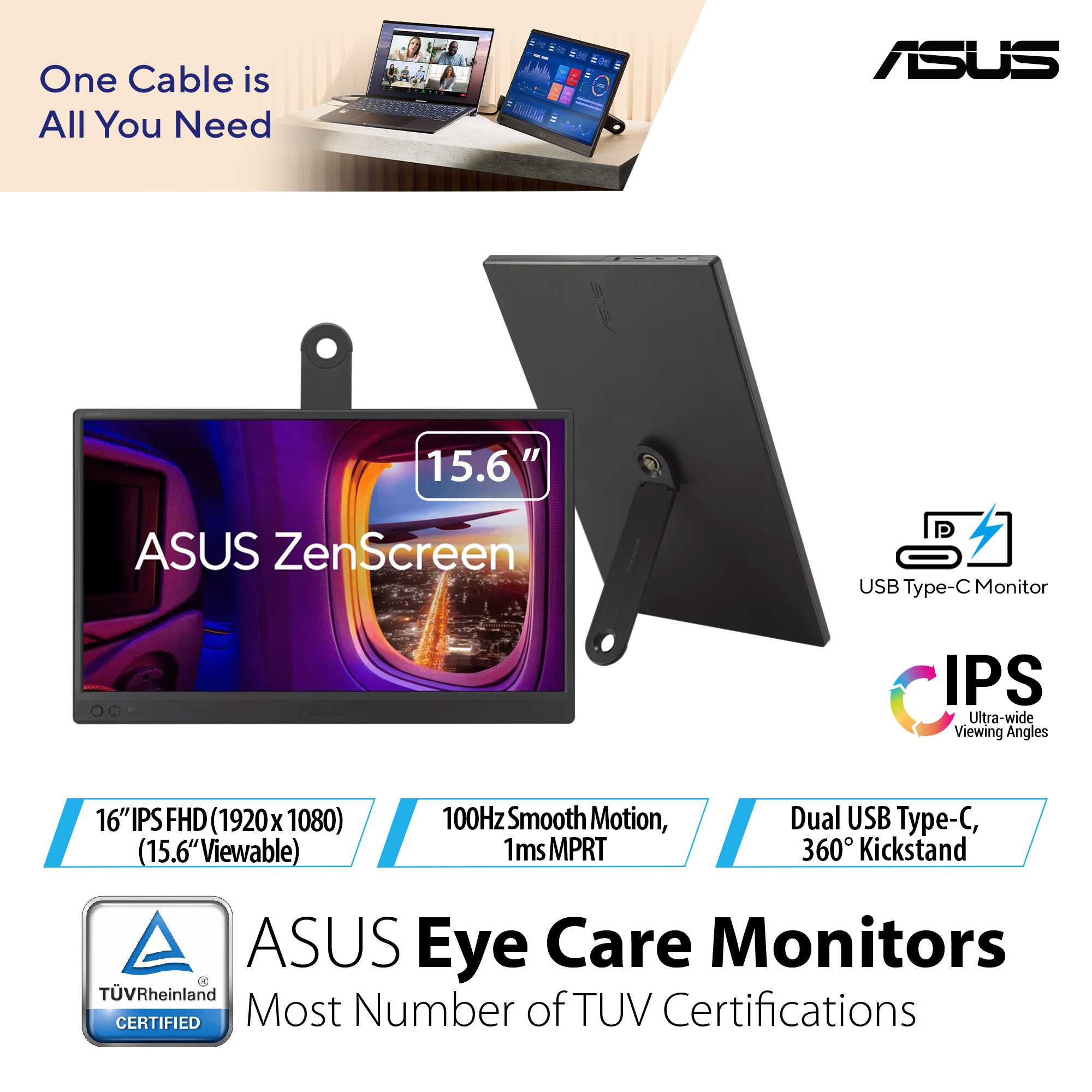 ASUS ZenScreen MB169CK Portable USB Monitor - 15.6 FHD IPS Dual USB-C 360° Kickstand