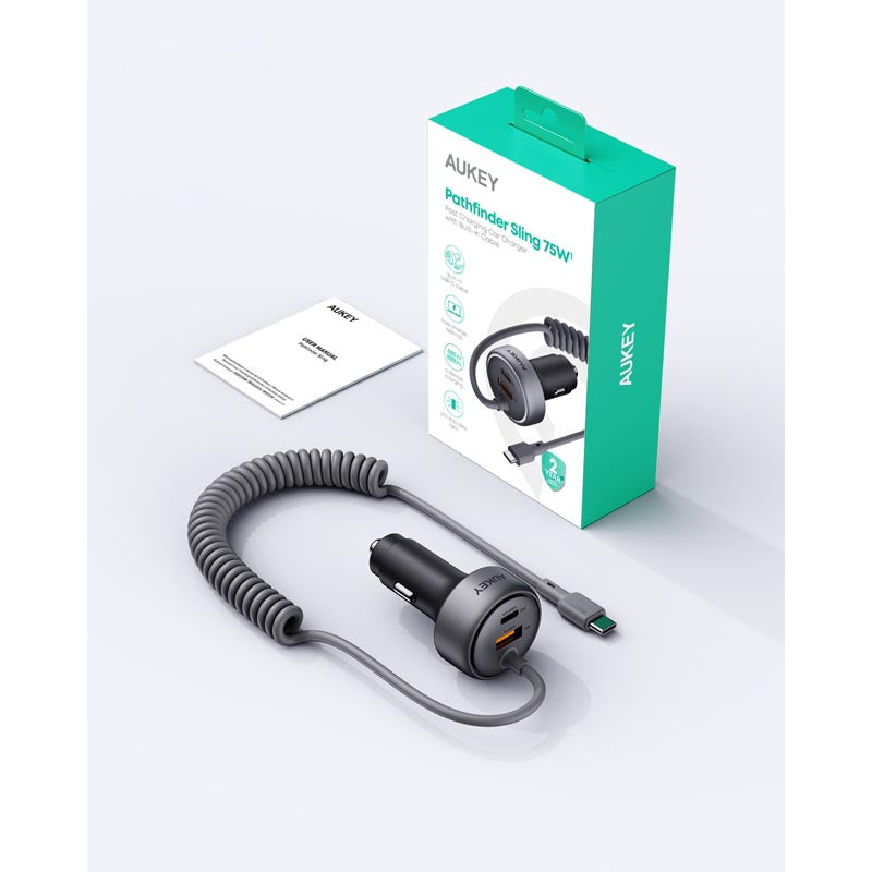 Aukey CC-P2 Pathfinder Sling 75W Fast Charging Car Charger with Built in C Cable (Dark Grey)