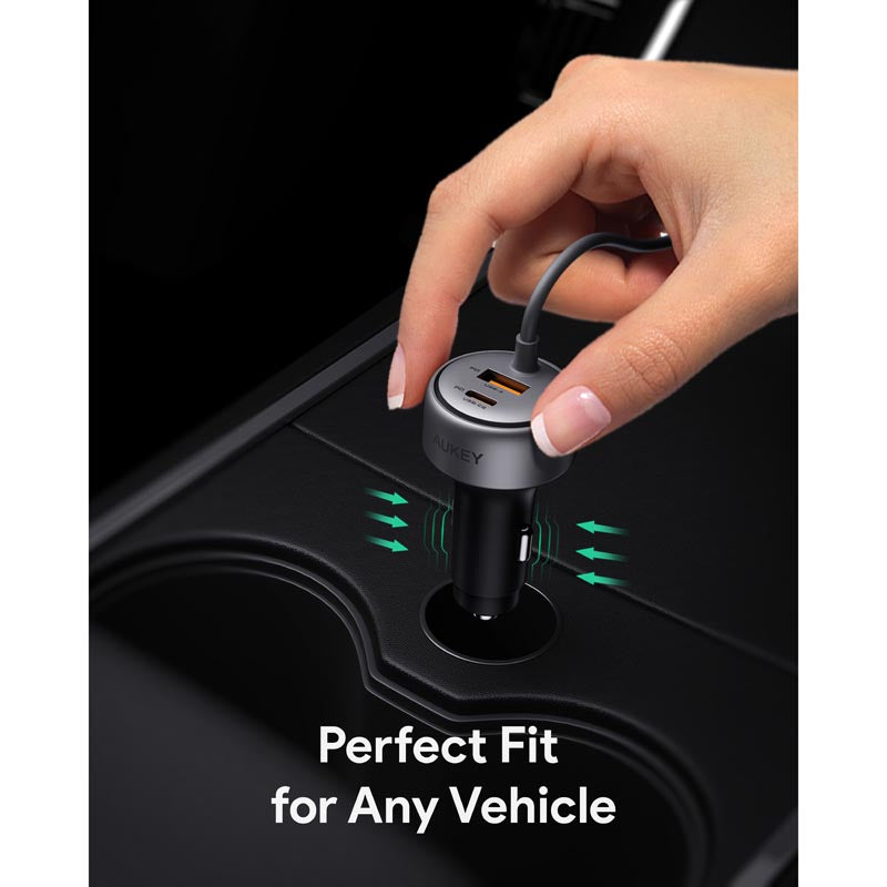 Aukey CC-P2 Pathfinder Sling 75W Fast Charging Car Charger with Built in C Cable (Dark Grey)