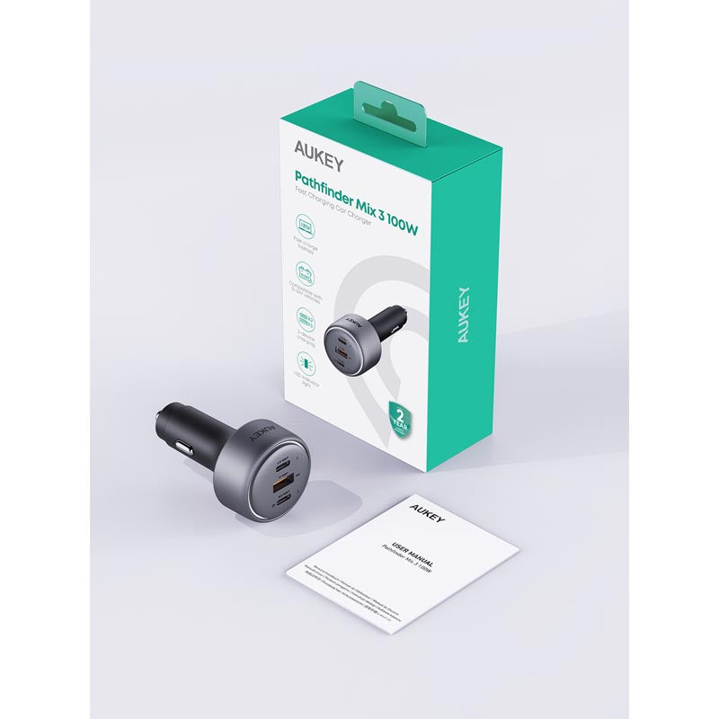 Aukey CC-P3 Pathfinder Mix 3 100W Fast Charging Car Charger (Dark Grey)