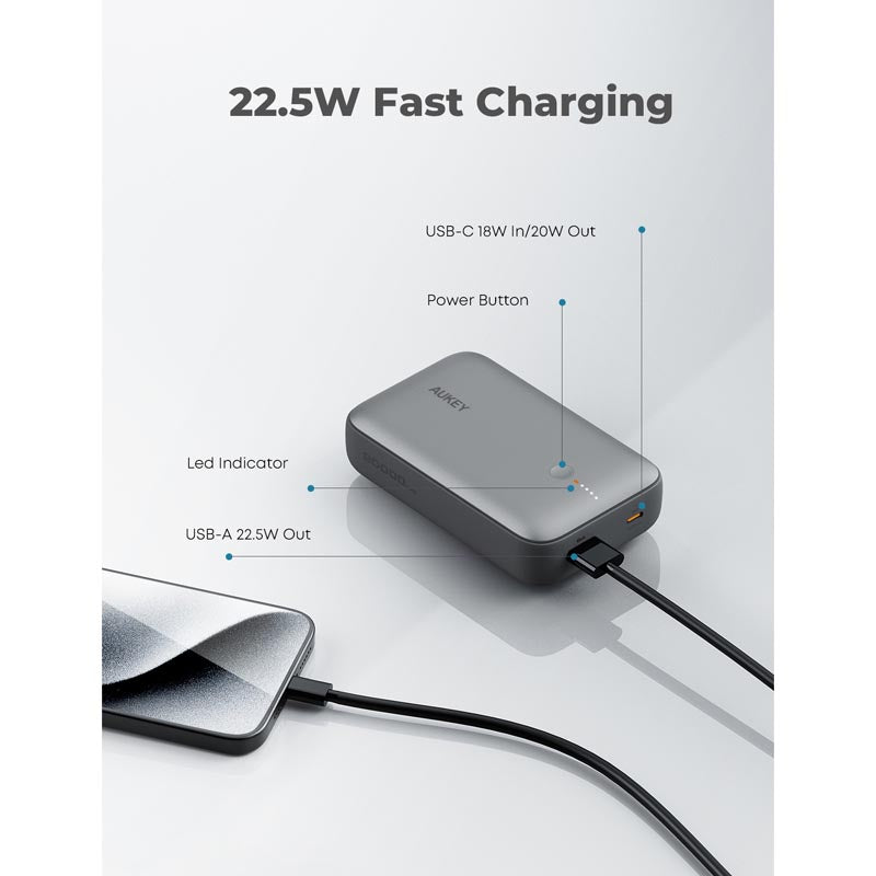 Aukey PB-Y57 Spark Mini 20000mAh Compact Fast Charging Power Bank with 20W PD (Grey)