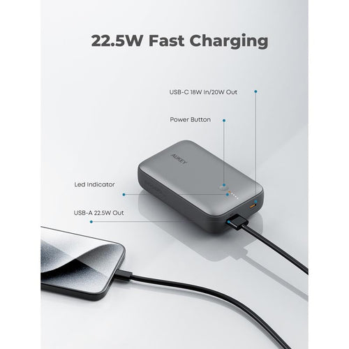Aukey PB-Y57 Spark Mini 20000mAh Compact Fast Charging Power Bank with 20W PD (Grey)