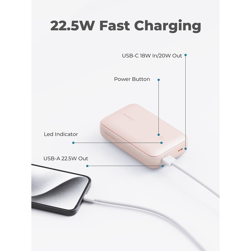 Aukey PB-Y57 Spark Mini 20000mAh Compact Fast Charging Power Bank with 20W PD (Pink)