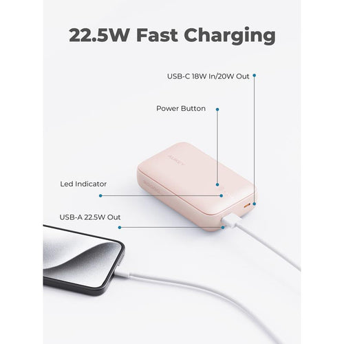 Aukey PB-Y57 Spark Mini 20000mAh Compact Fast Charging Power Bank with 20W PD (Pink)