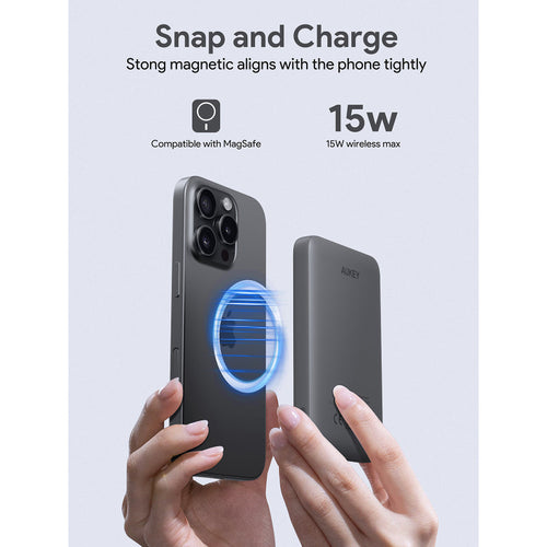 Aukey PB-MS03 MagFusion Slim 5000mAh Magnetic Wireless Charging Power Bank (Storm Gray)