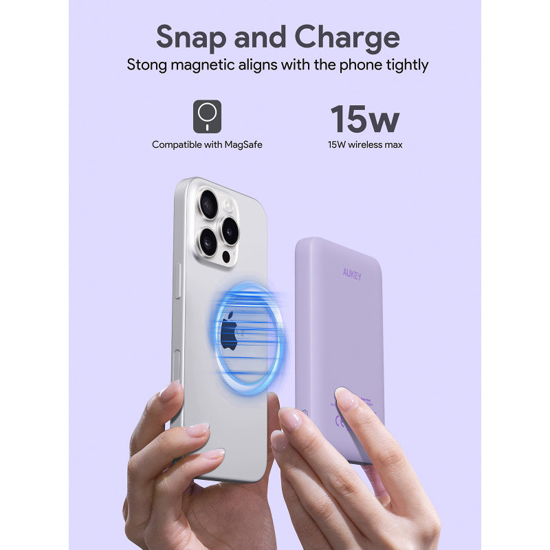 Aukey PB-MS03 MagFusion Slim 5000mAh Magnetic Wireless Charging Power Bank (Purple)