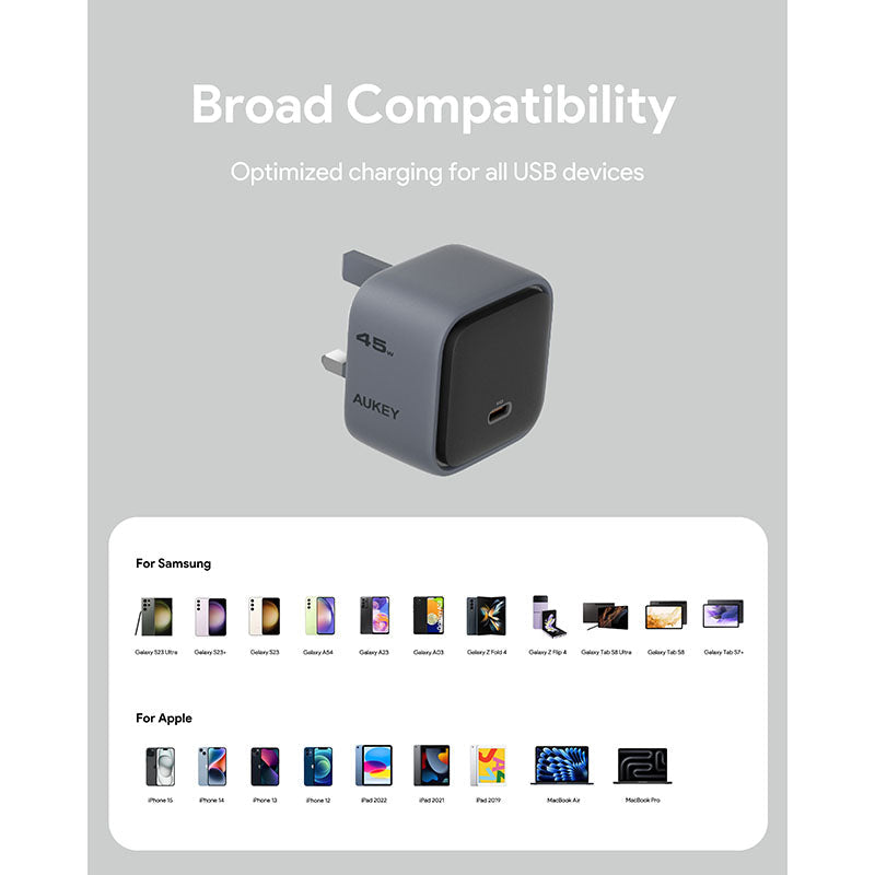 Aukey PA-C2 Comet 45W Fast Charging Wall Charger with GaN Technology - Gray