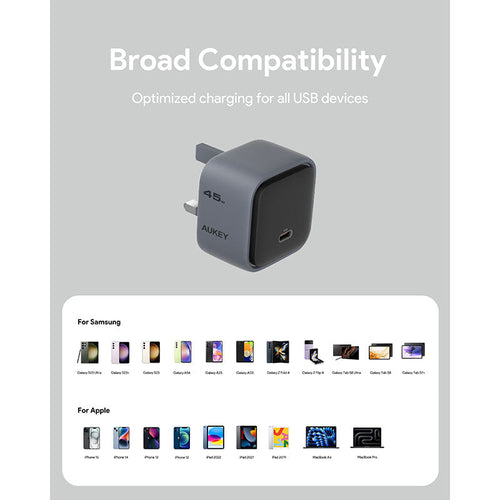 Aukey PA-C2 Comet 45W Fast Charging Wall Charger with GaN Technology - Gray