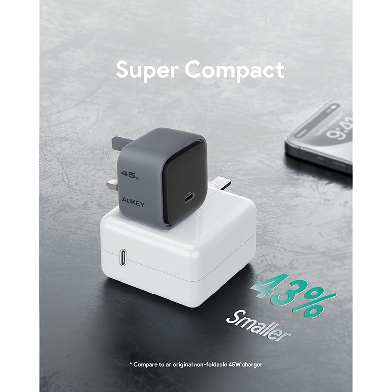 Aukey PA-C2 Comet 45W Fast Charging Wall Charger with GaN Technology - Gray