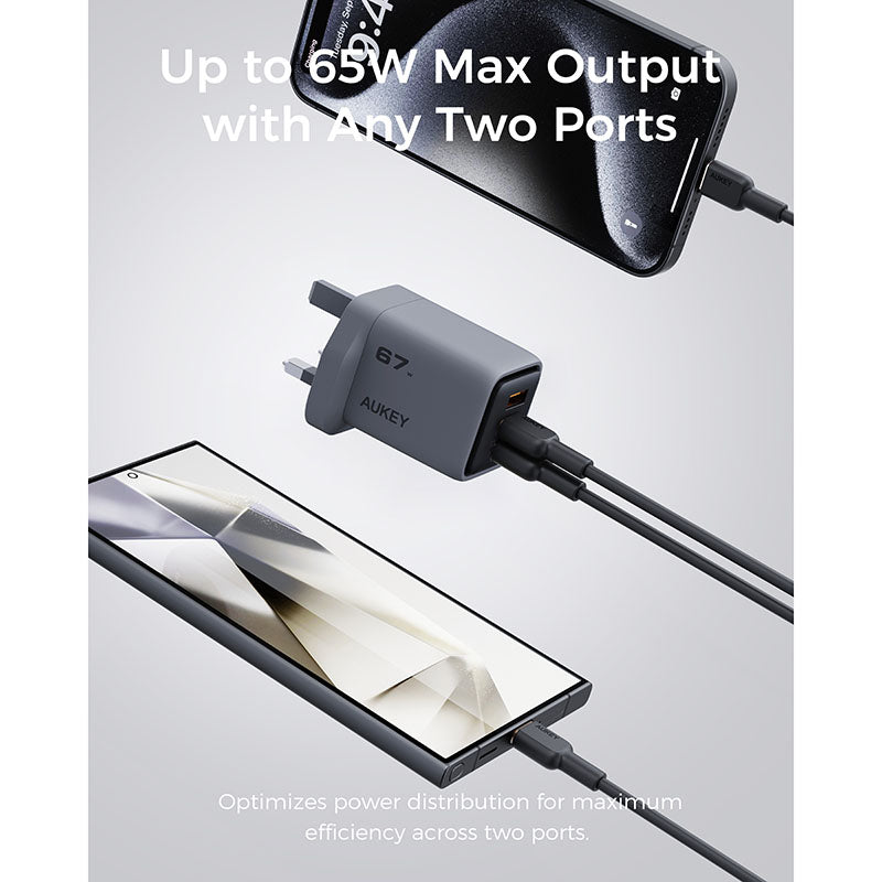Aukey PA-C3 Comet Mix 3 67W Fast Charging Wall Charger with GaN Technology - Gray