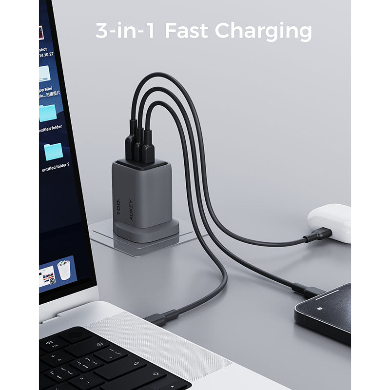 Aukey PA-C5 Comet Mix 3 100W Fast Charging Wall Charger with GaN Technology - Gray