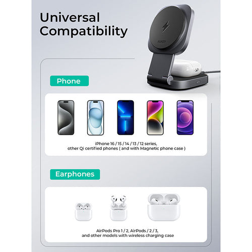 Aukey LC-MC211 MagFusion L 2-in-1 Foldable Qi2 Magnetic Fast Wireless Charging Station