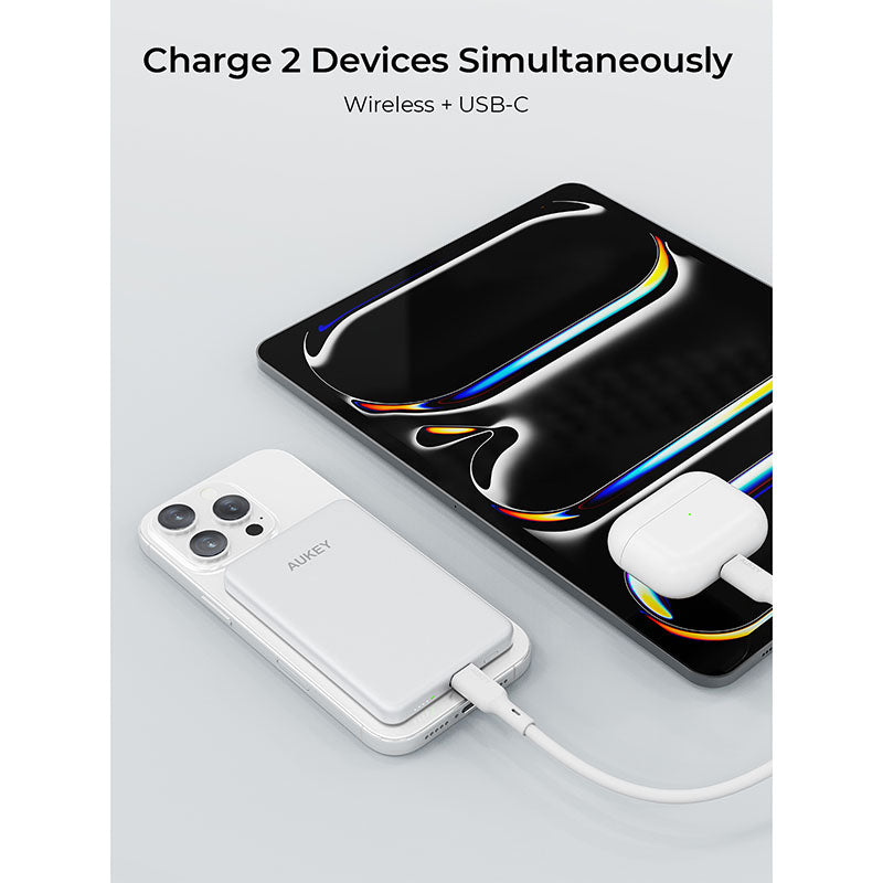 Aukey PB-MS07 MagFusion M Qi2 5000mAh Magnetic Wireless Power Bank - Silver White