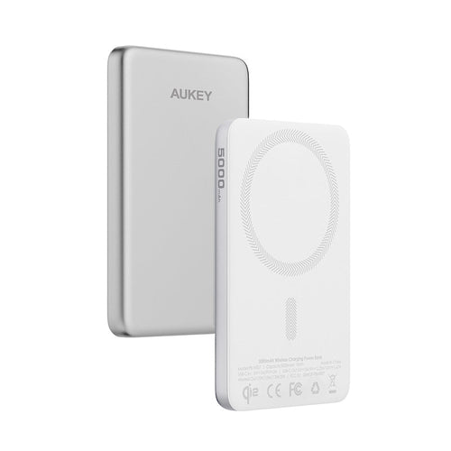 Aukey PB-MS07 MagFusion M Qi2 5000mAh Magnetic Wireless Power Bank - Silver White