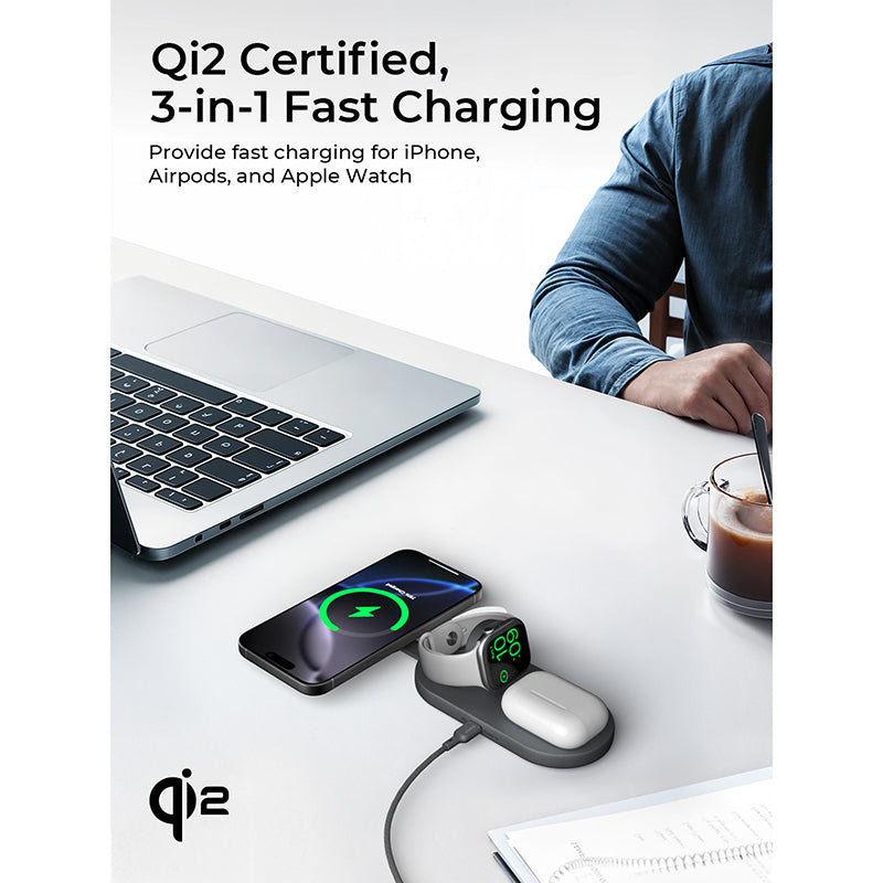 Aukey LC-MC313 MagFusion C 3-in-1 Qi2 Wireless Charging Station - Gray