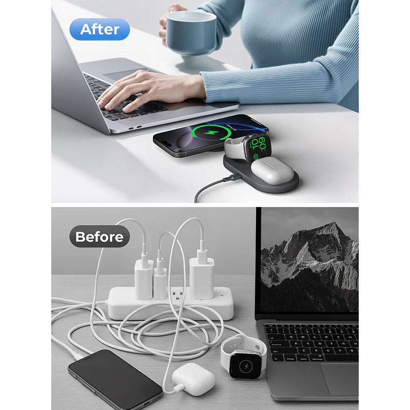 Aukey LC-MC313 MagFusion C 3-in-1 Qi2 Wireless Charging Station - Gray