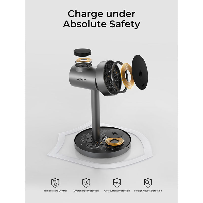 Aukey LC-MC311G MagFusion 3-in-1 G Qi2 Magnetic Fast Wireless Charging Station - Gray