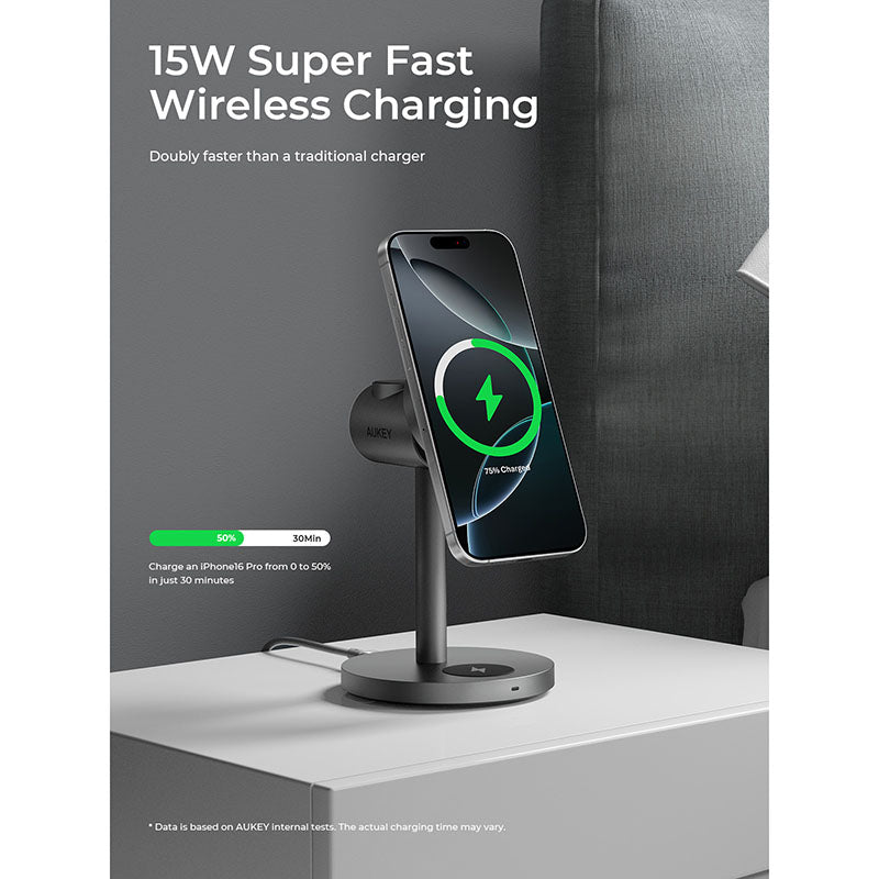Aukey LC-MC311G MagFusion 3-in-1 G Qi2 Magnetic Fast Wireless Charging Station - Gray