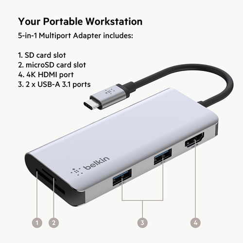 Belkin AVC007btSGY Connect USB-C 5-in-1 Multiport Adapter Hub