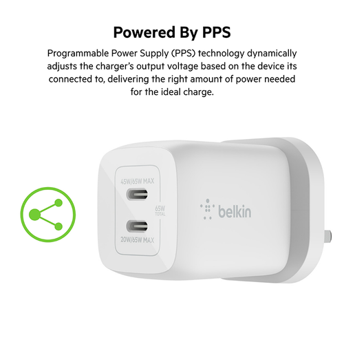 Belkin WCH013myWH BoostCharge Pro Dual USB-C GaN Wall Charger with PPS 65W