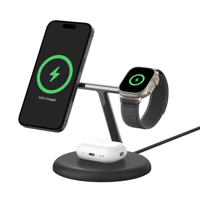 Belkin WIZ023myBK BoostCharge Pro 3-in-1 Magnetic Wireless Charging Stand with Qi2 15W (Black)