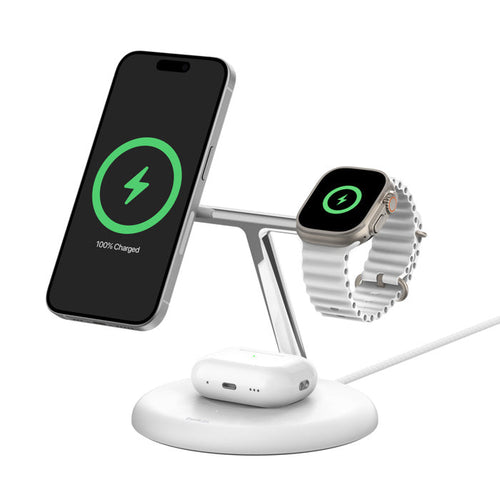 Belkin WIZ023myWH BoostCharge Pro 3-in-1 Magnetic Wireless Charging Stand with Qi2 15W (White)