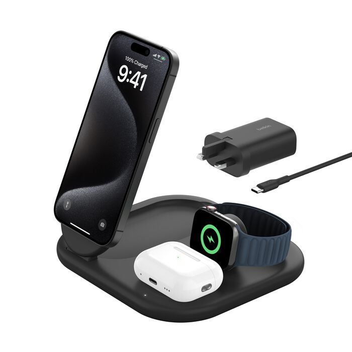 Belkin WIZ029myBK BoostCharge 3-in-1 Magnetic Foldable Wireless Charger with Qi2 15W (Black)