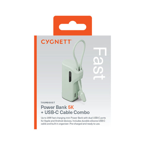 Cygnett CY5355PBCHE Thumboost 5K Powerbank Built-in Cable (Mint)