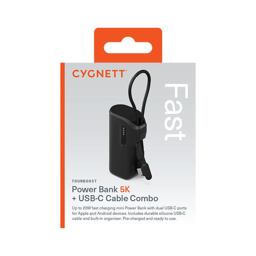 Cygnett CY5356PBCHE Thumboost 5K Powerbank Built-in Cable (Black)
