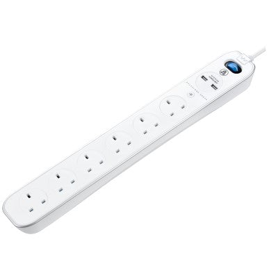 Masterplug SRGLSU63PW-MPA 6 Socket In-Line Surge+2USB Switch