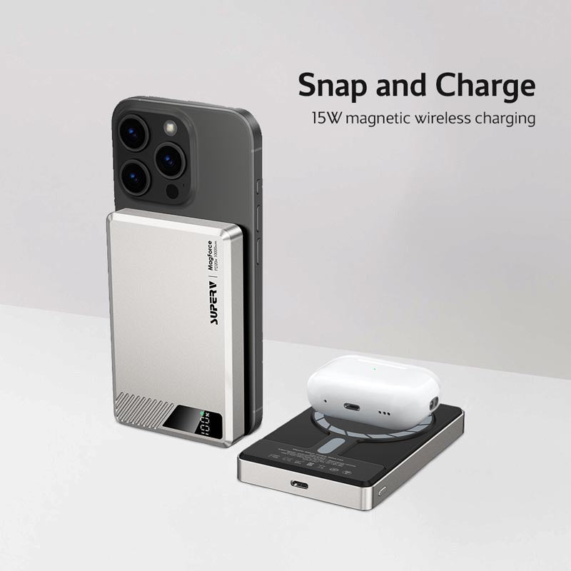 SuperV Power42 10000mAh Wireless Power Bank with Digital Display (Silver)