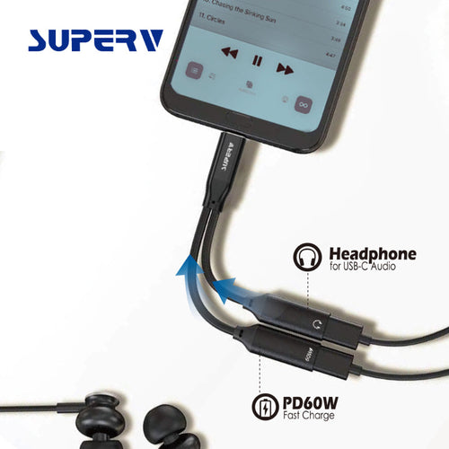 SuperV 2-in-1 Headphone and Charge Adaptor Dual USB-C Splitter (11cm)