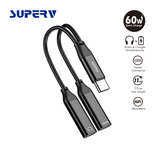 SuperV 2-in-1 Headphone and Charge Adaptor Dual USB-C Splitter (11cm)