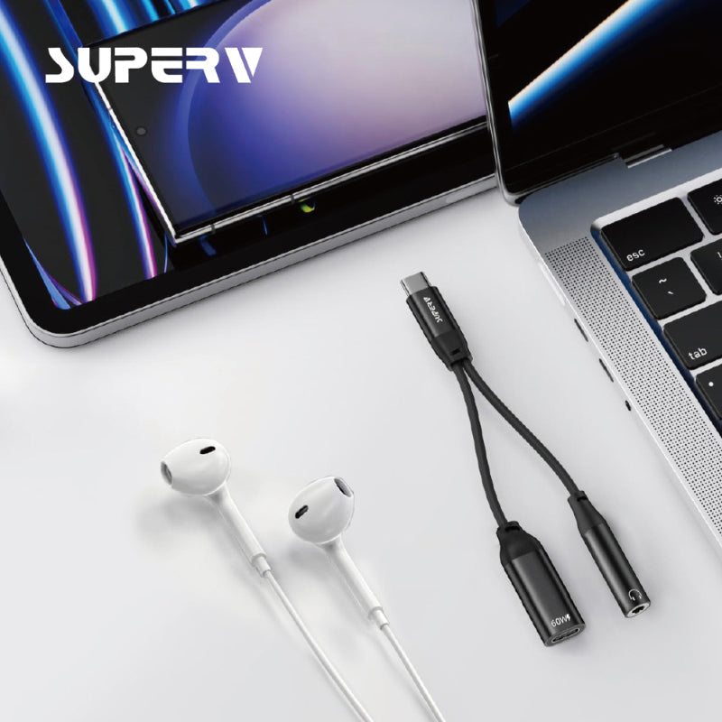 SuperV 2-in-1 Headphone and Charge Adaptor 3.5mm Aux and USB-C (11cm)