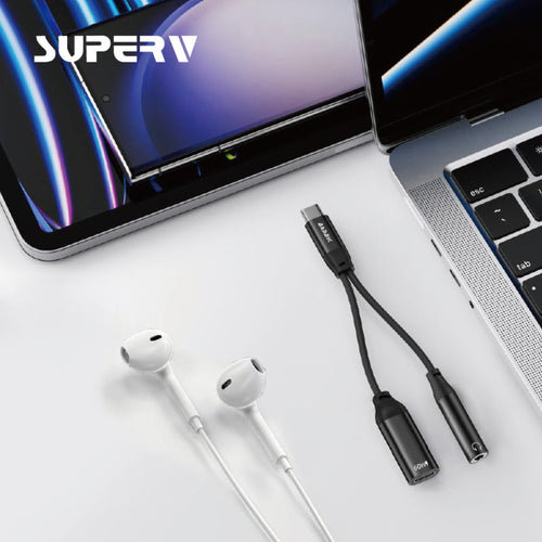 SuperV 2-in-1 Headphone and Charge Adaptor 3.5mm Aux and USB-C (11cm)