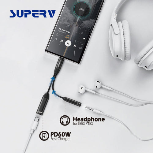 SuperV 2-in-1 Headphone and Charge Adaptor 3.5mm Aux and USB-C (11cm)