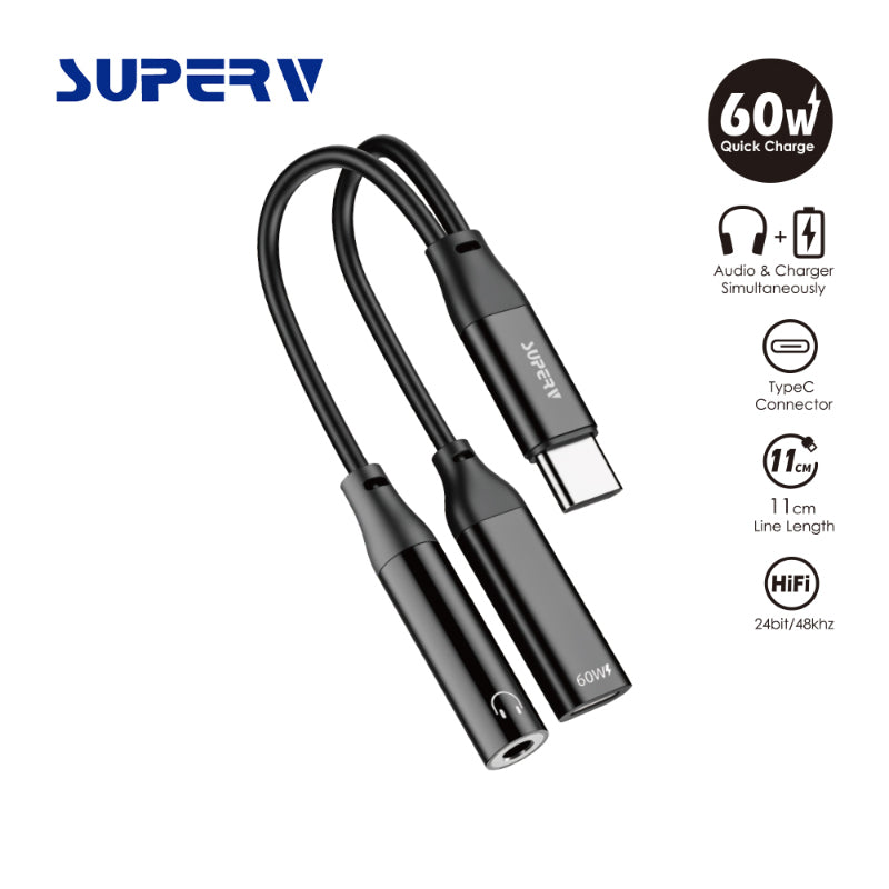 SuperV 2-in-1 Headphone and Charge Adaptor 3.5mm Aux and USB-C (11cm)