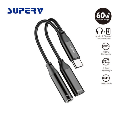 SuperV 2-in-1 Headphone and Charge Adaptor 3.5mm Aux and USB-C (11cm)