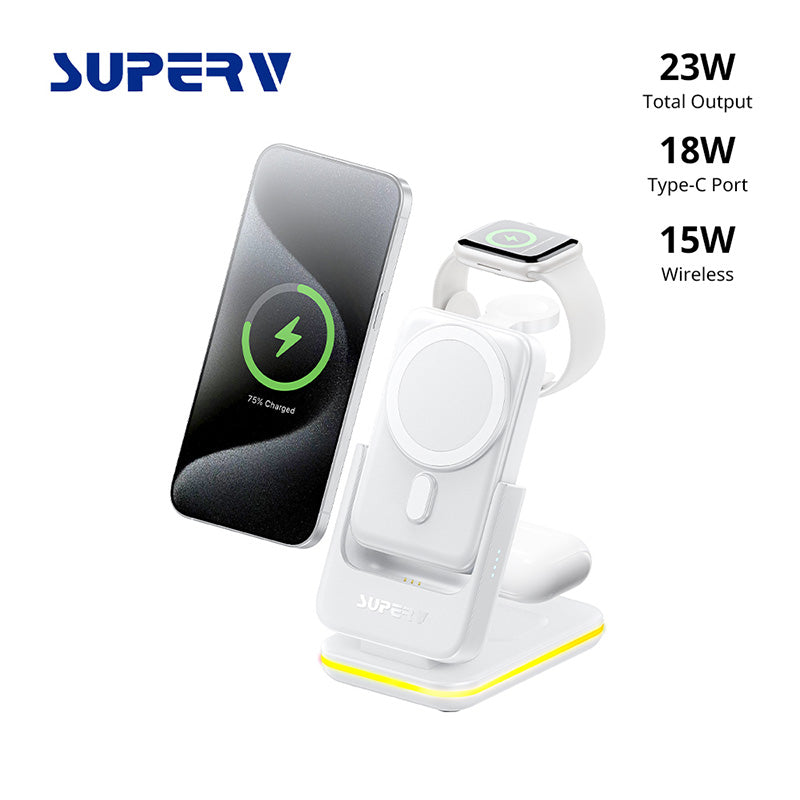 SuperV Station10-WH 7-in-1 5000mAH Foldable Wireless Charging Station Powerbank (White )