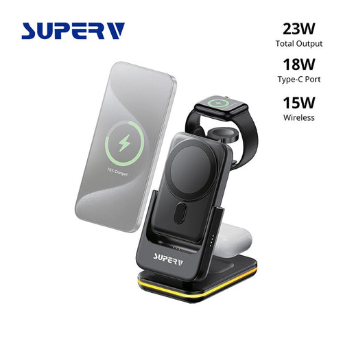 SuperV Station10-BK 7-in-1 5000mAH Foldable Wireless Charging Station Powerbank (Black)