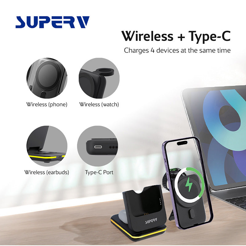 SuperV Station10-BK 7-in-1 5000mAH Foldable Wireless Charging Station Powerbank (Black)