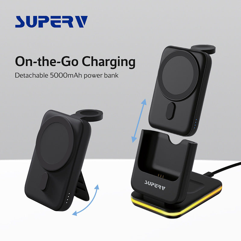 SuperV Station10-BK 7-in-1 5000mAH Foldable Wireless Charging Station Powerbank (Black)