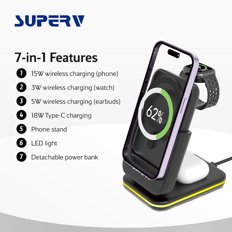 SuperV Station10-BK 7-in-1 5000mAH Foldable Wireless Charging Station Powerbank (Black)